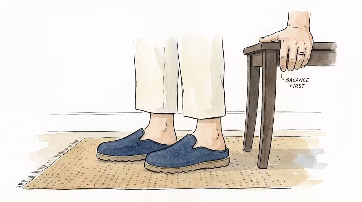 Illustration of a person in non-slip slippers using a chair for balance, highlighting morning safety.
