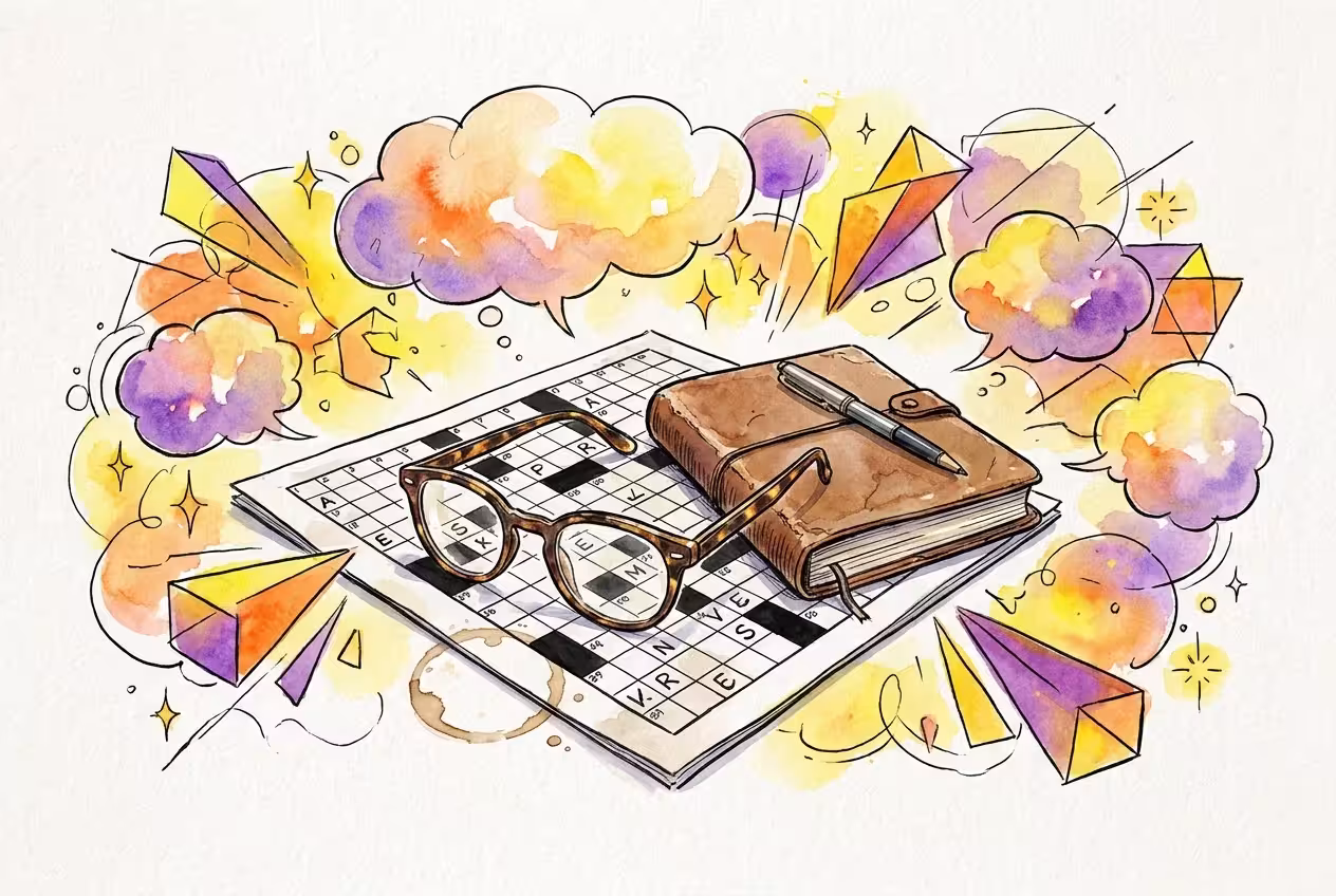 Illustration of reading glasses and a crossword puzzle with colorful abstract shapes representing mental energy.