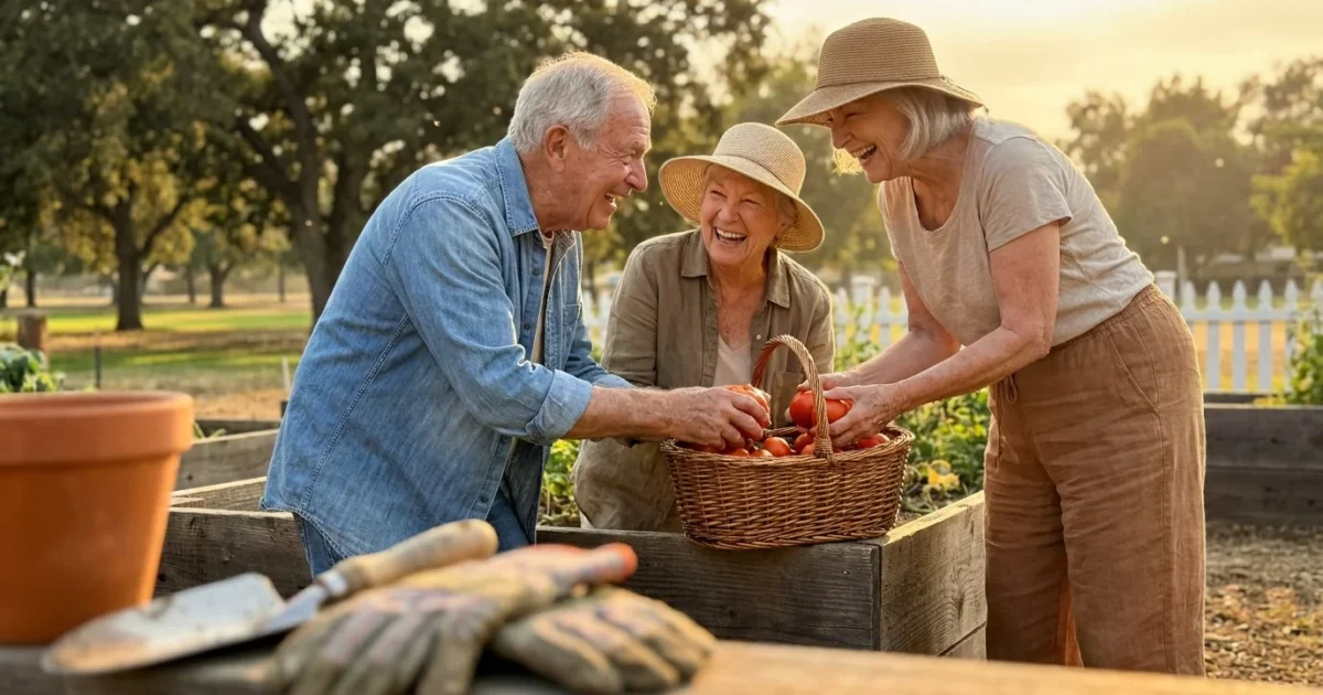 Three happy seniors laughing while harvesting vegetables together in a sun-filled community garden.