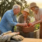 Three happy seniors laughing while harvesting vegetables together in a sun-filled community garden.