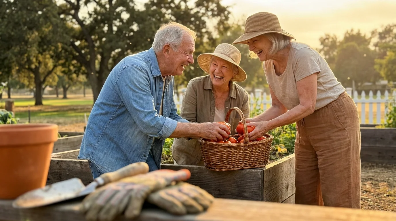 Three happy seniors laughing while harvesting vegetables together in a sun-filled community garden.