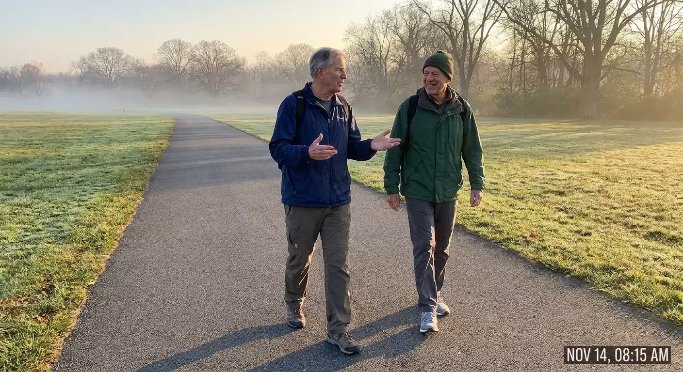 Two senior men walking and talking on a park trail during a sunny, misty morning.