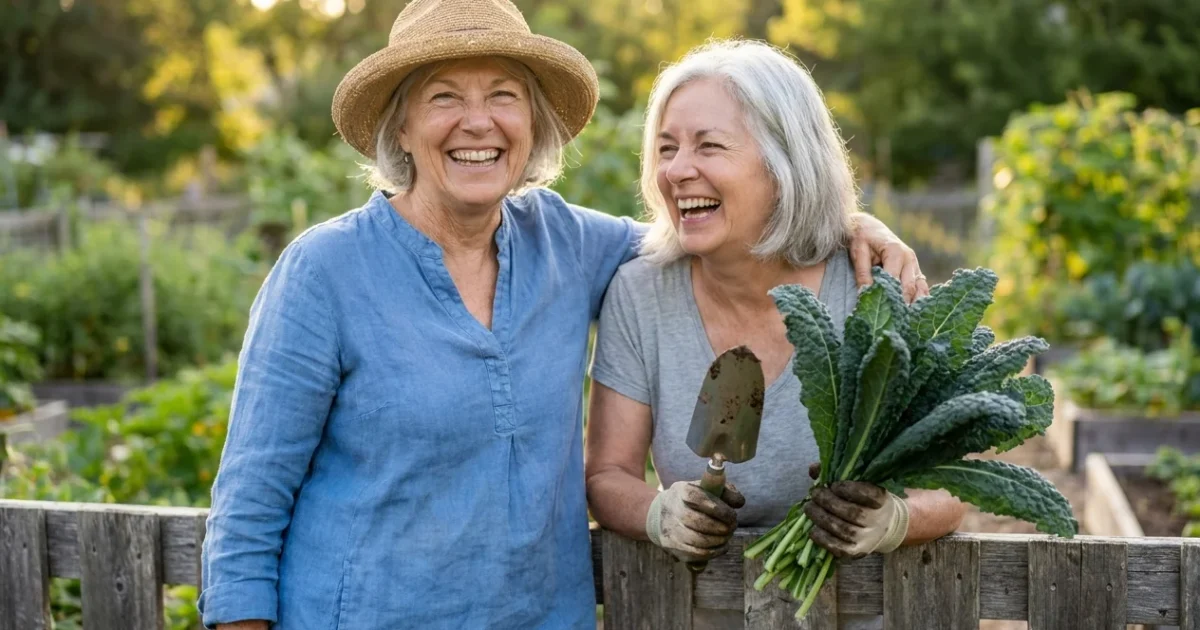 Two senior women laughing together at a community garden, holding fresh vegetables in the afternoon sun.