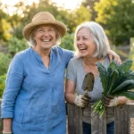 Two senior women laughing together at a community garden, holding fresh vegetables in the afternoon sun.