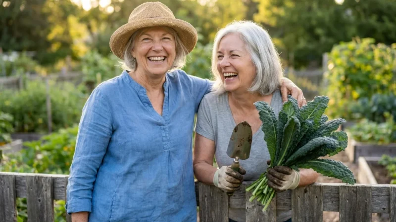Two senior women laughing together at a community garden, holding fresh vegetables in the afternoon sun.