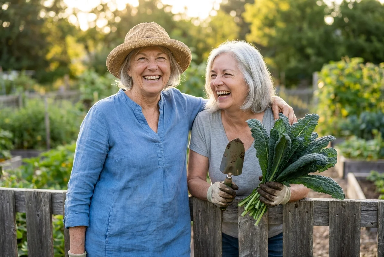 Two senior women laughing together at a community garden, holding fresh vegetables in the afternoon sun.