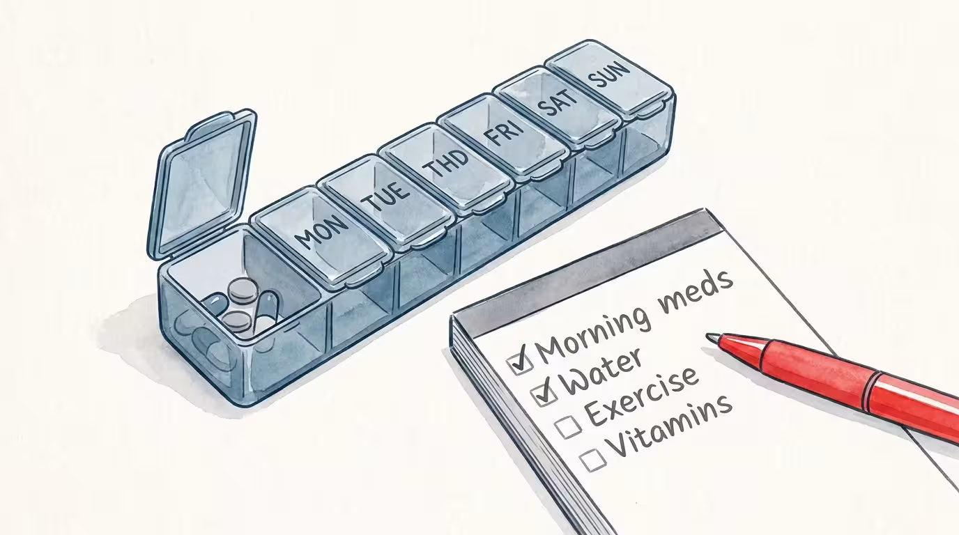 Watercolor illustration of a daily pill organizer and a handwritten checklist for a morning health routine.