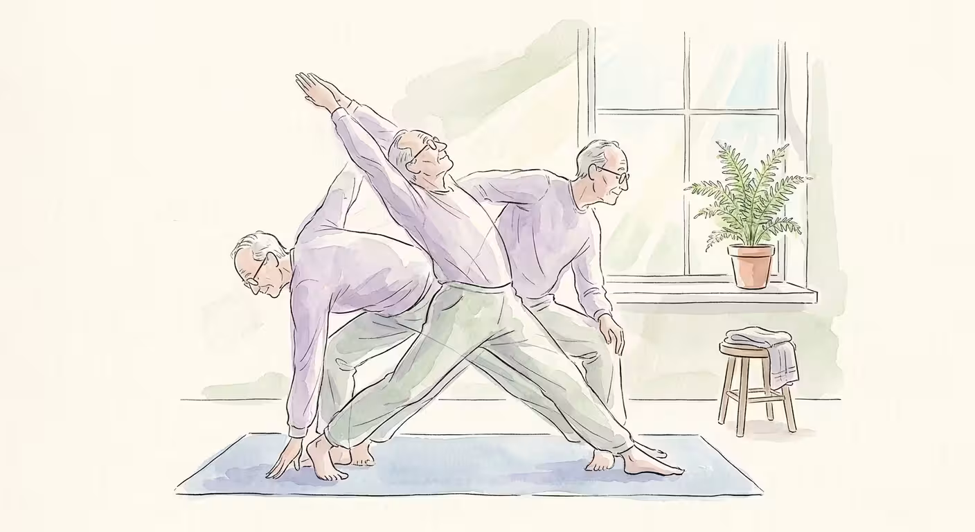 Watercolor illustration of a senior man performing a gentle side stretch, using overlapping figures to show movement.