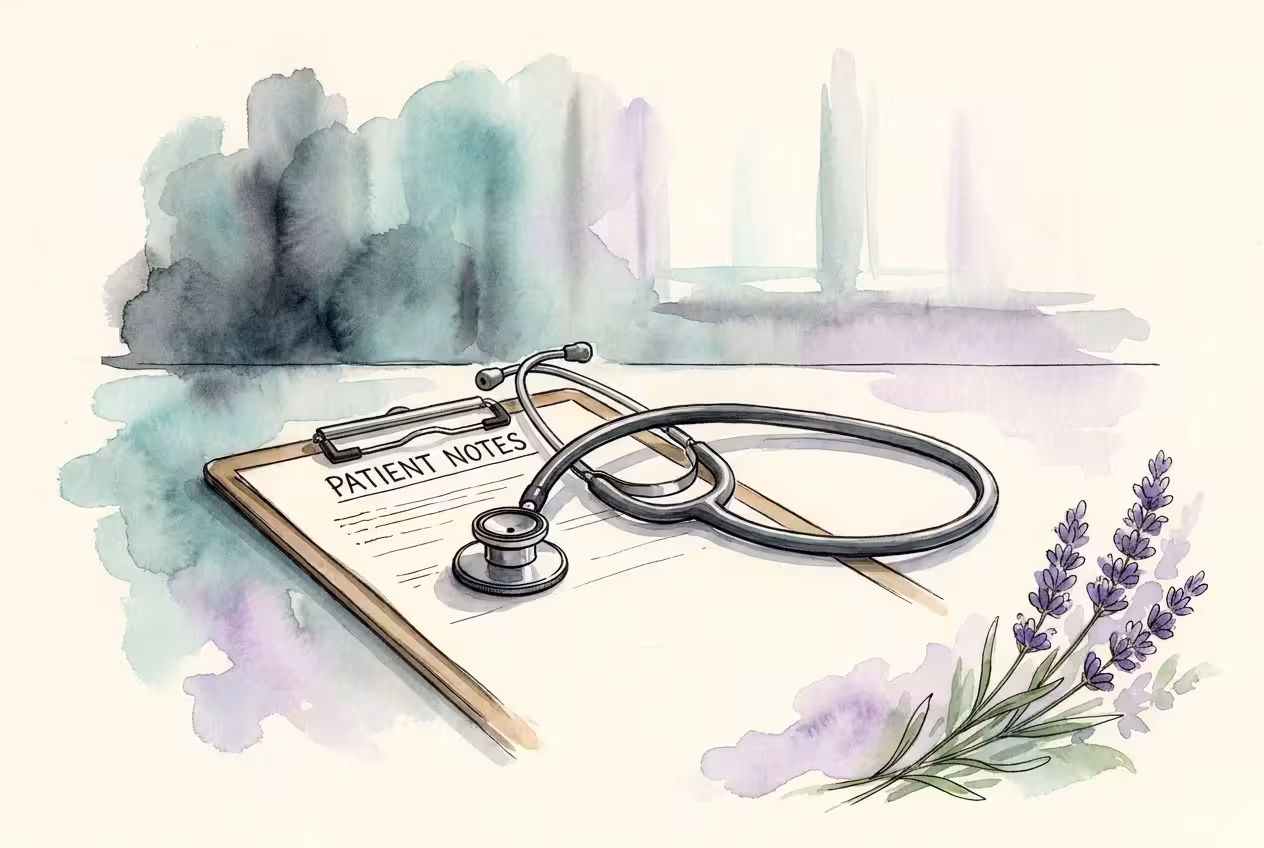 Watercolor illustration of a stethoscope and a patient notepad, symbolizing professional medical consultation.