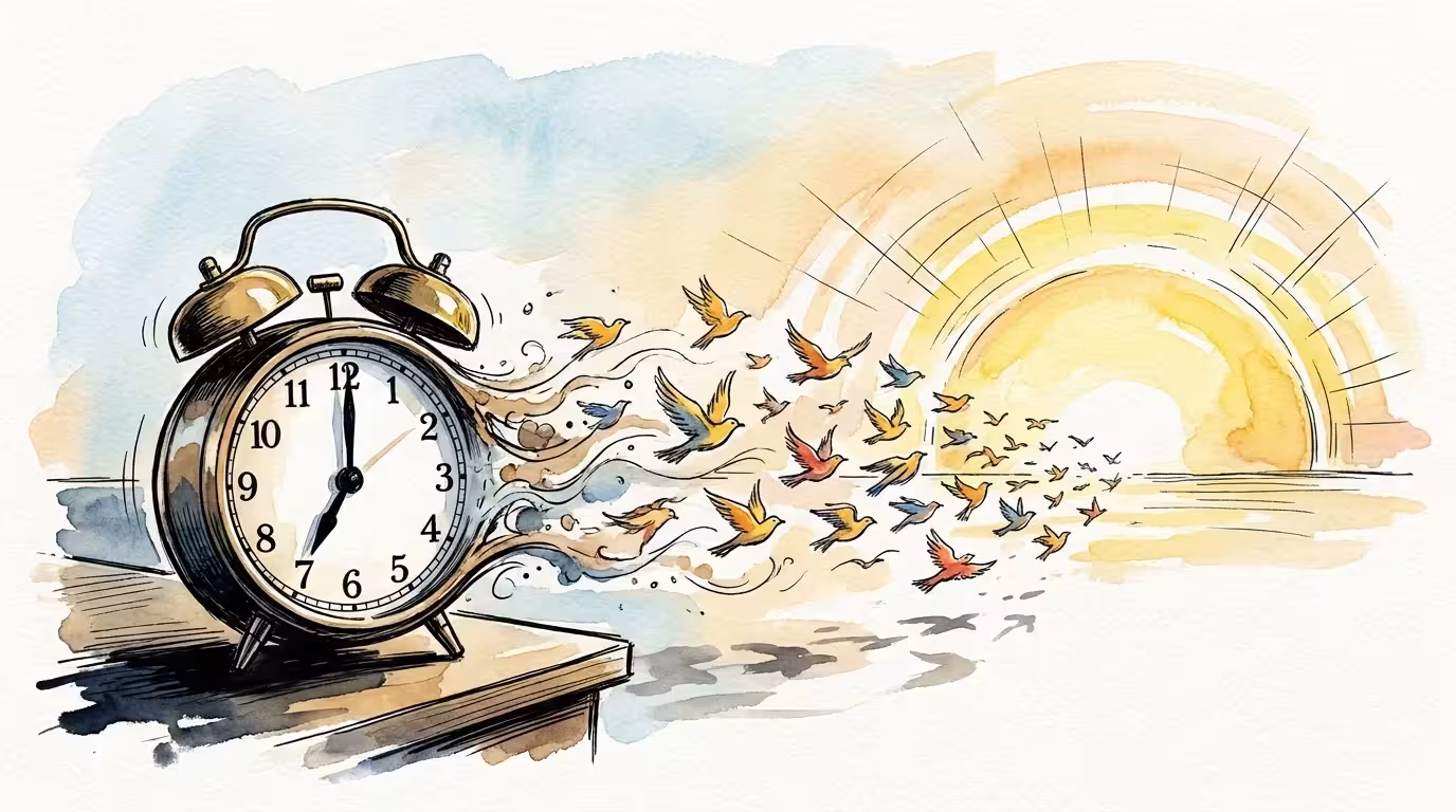Watercolor illustration of an alarm clock turning into birds flying toward the sun, symbolizing the freedom of retirement.