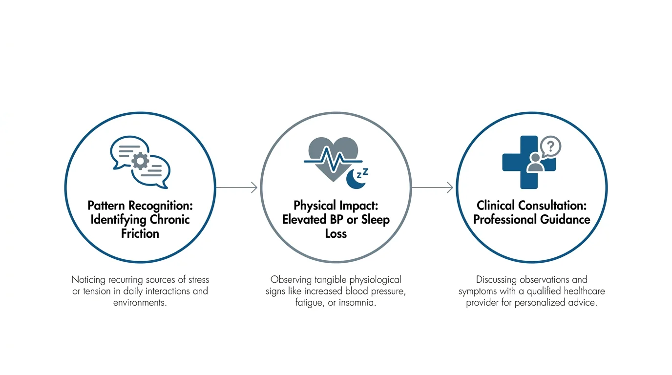 A 3-step horizontal flowchart showing the process from identifying friction to physical symptoms to a doctor's visit.
