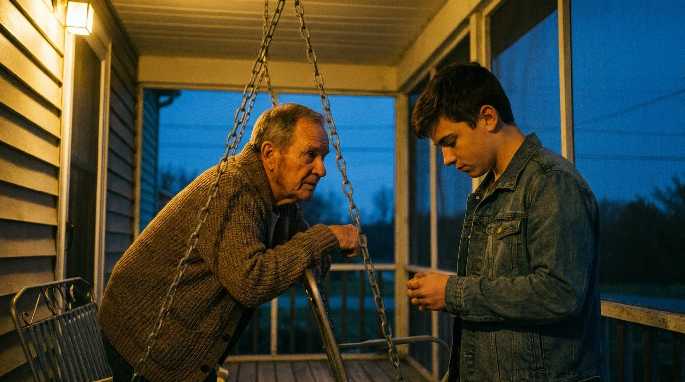 A 35mm film photo of a grandfather listening intently to his teenage grandson on a porch swing at dusk.