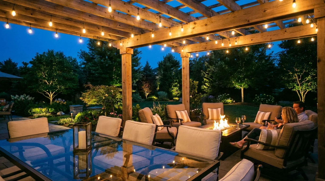 A beautiful backyard patio at night with string lights, comfortable seating, and a small fire pit.