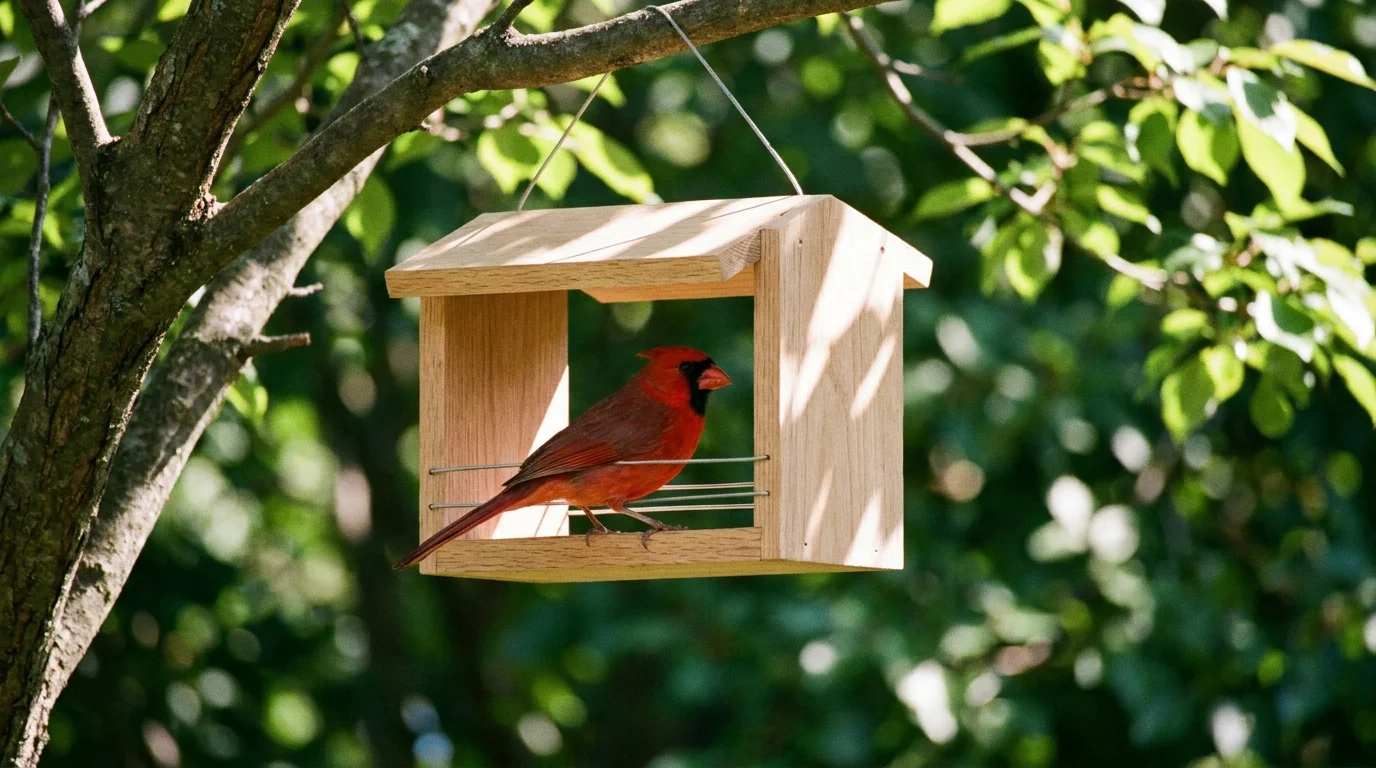 A bright red cardinal perched on a wooden bird feeder in a lush, green garden.