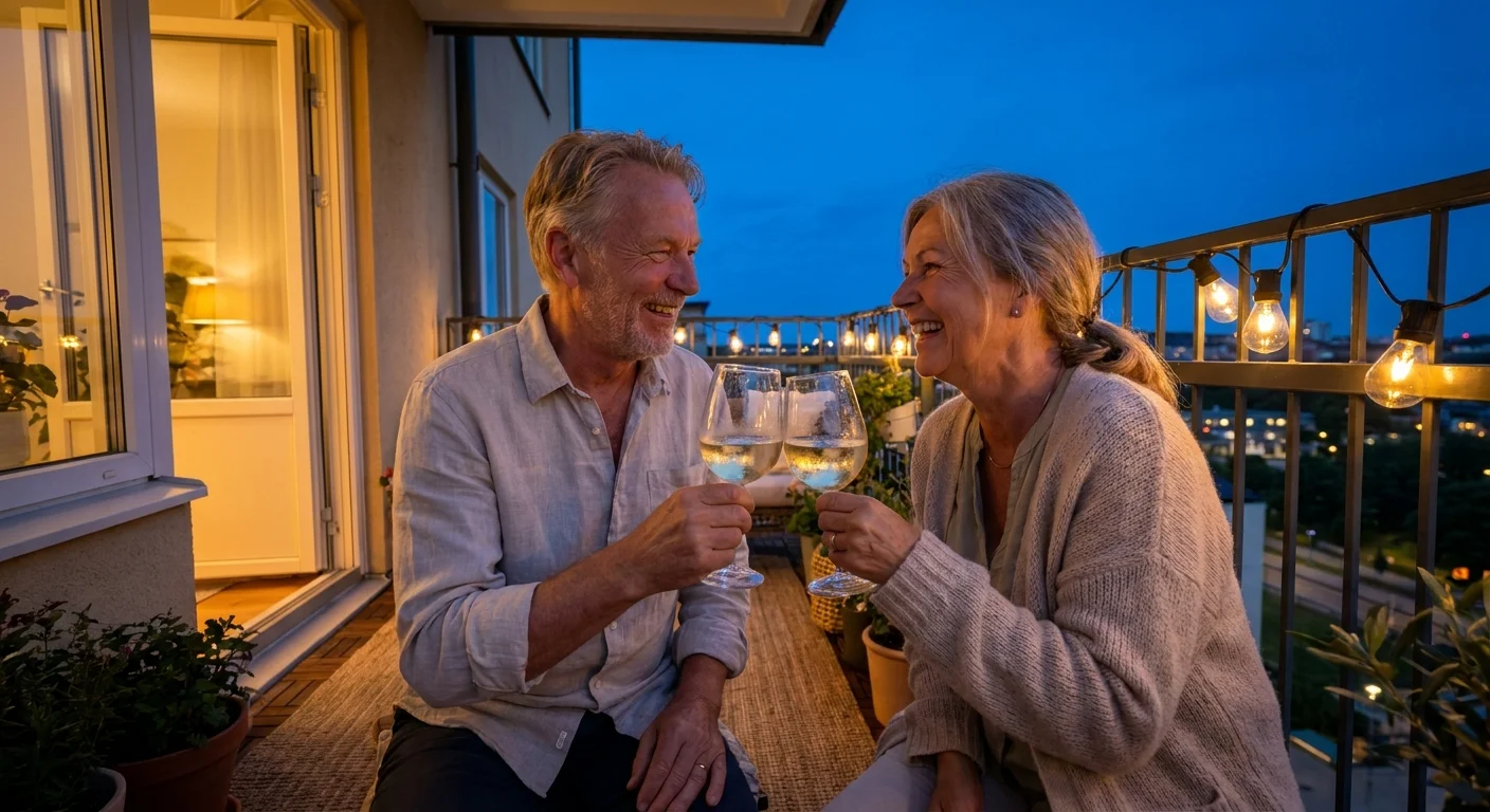 A candid evening photo of a couple enjoying wine on their decorated balcony, representing a happy retirement.