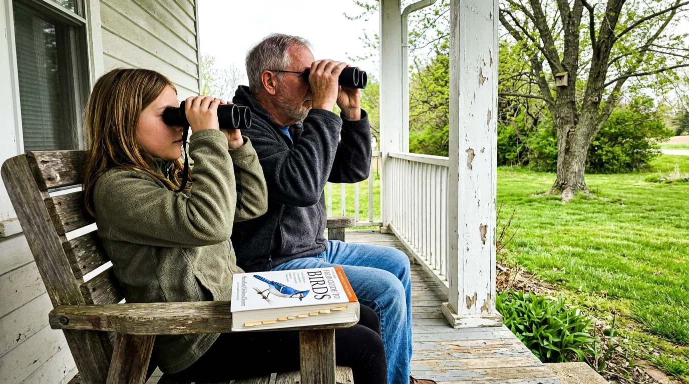 A candid photo of a grandfather and granddaughter birdwatching with binoculars from a porch bench.
