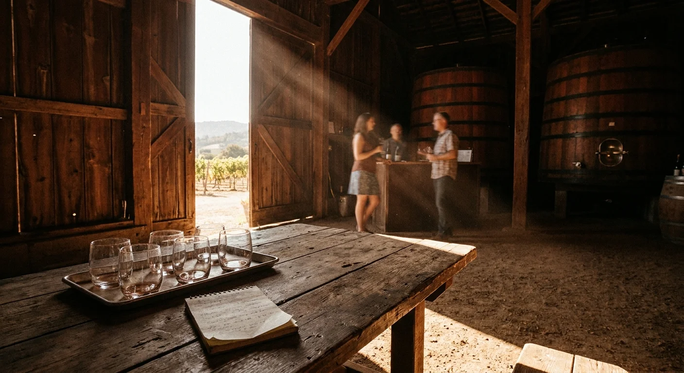 A candid photo of a rustic barn interior with wooden wine vats and a tasting table lit by natural sunlight.