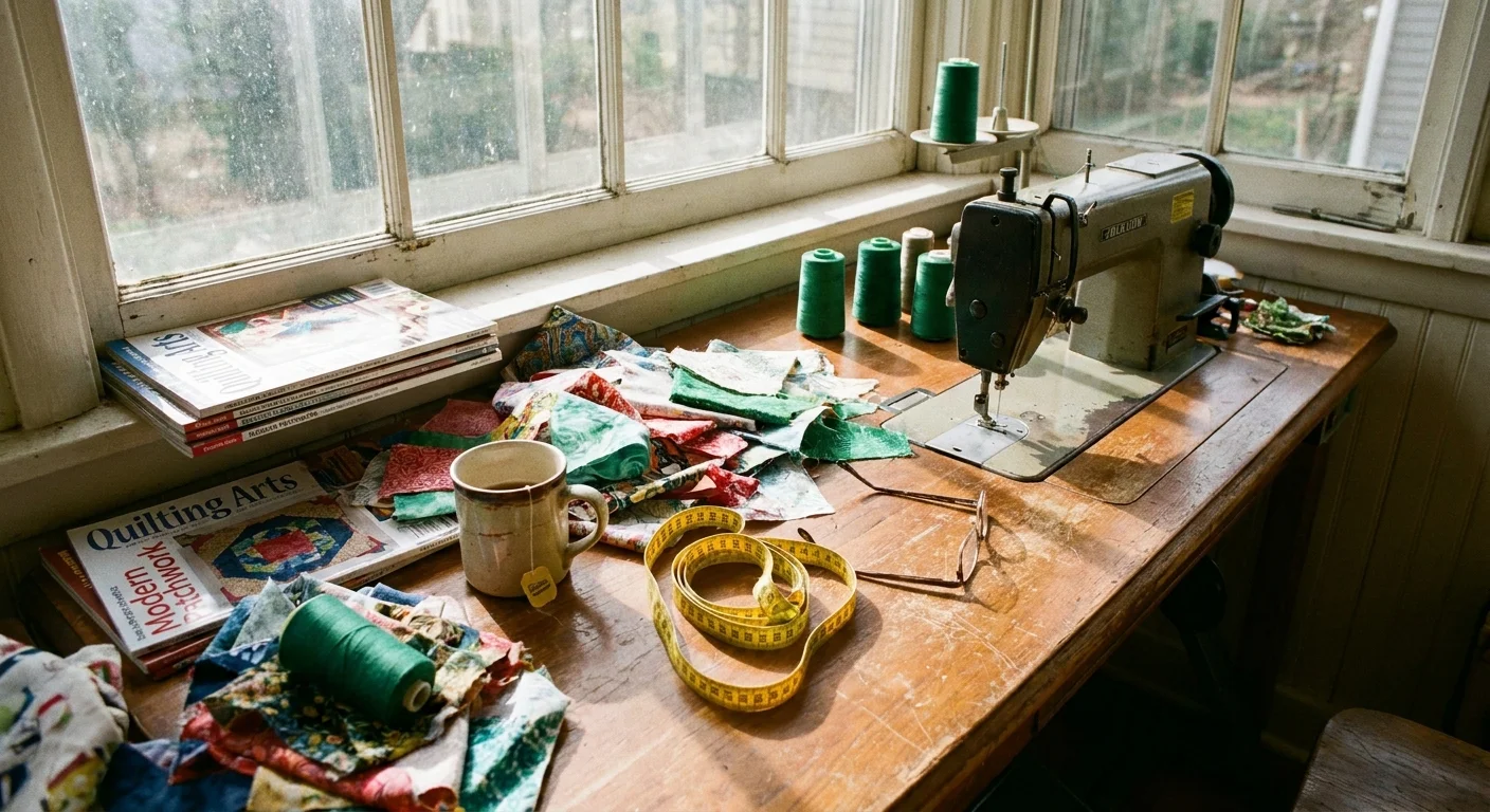 A candid photograph of a vibrant quilting workspace in a sunlit room, featuring fabrics, a sewing machine, and a cup of tea.