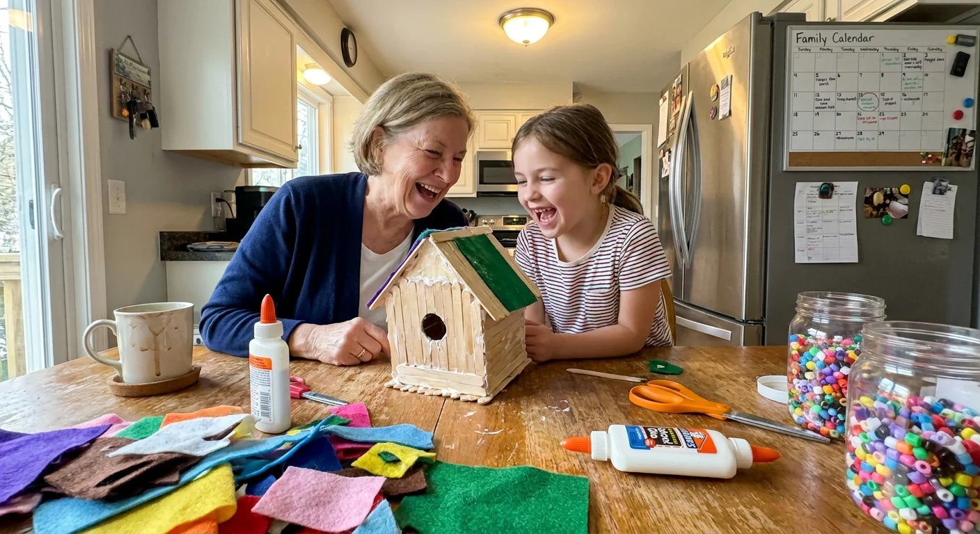 A candid snapshot of a grandmother and granddaughter laughing while making crafts with felt and beads at a kitchen table.