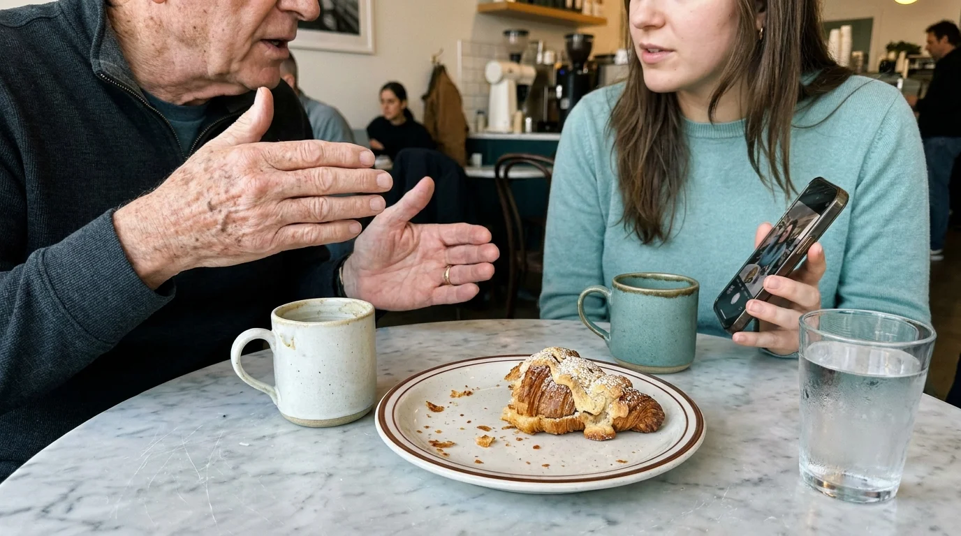A candid tabletop shot of a senior man and a young woman sharing coffee and a pastry at a cafe.