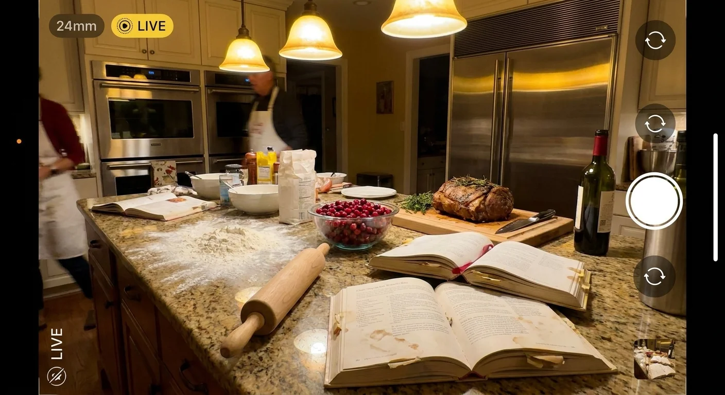 A candid, wide-angle photo of a busy kitchen island during meal prep, featuring flour, cookbooks, and fresh ingredients.