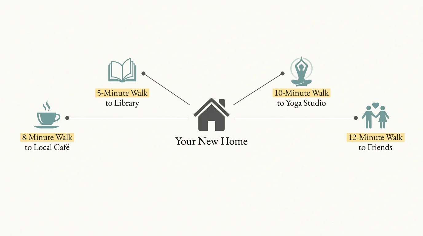 A clean diagram showing the walking distances from a central home to various community locations like a library and cafe.