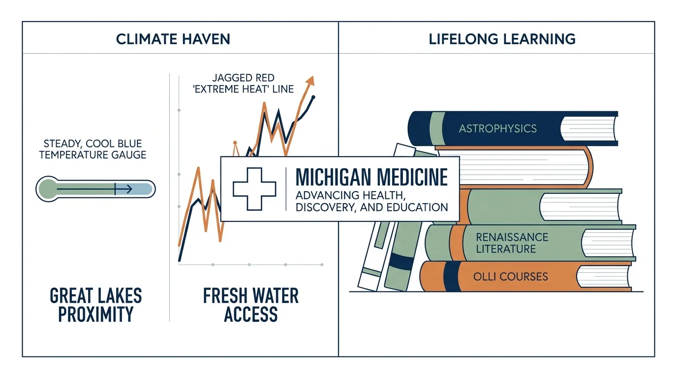 A clean infographic comparing climate stability metrics with a stack of university books labeled for lifelong learning courses.