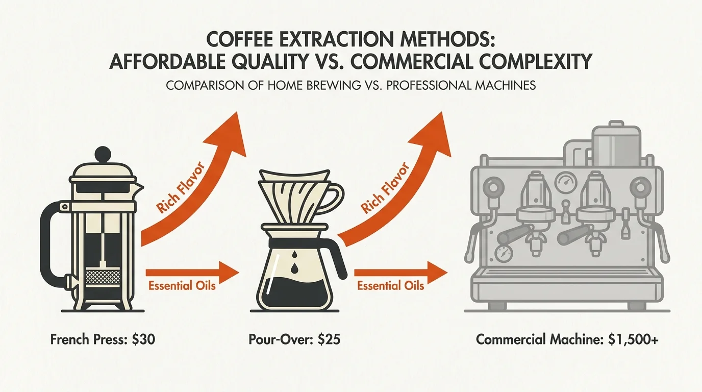 A clean infographic comparing the low cost of a French press and pour-over maker to the high cost of a professional espresso machine.
