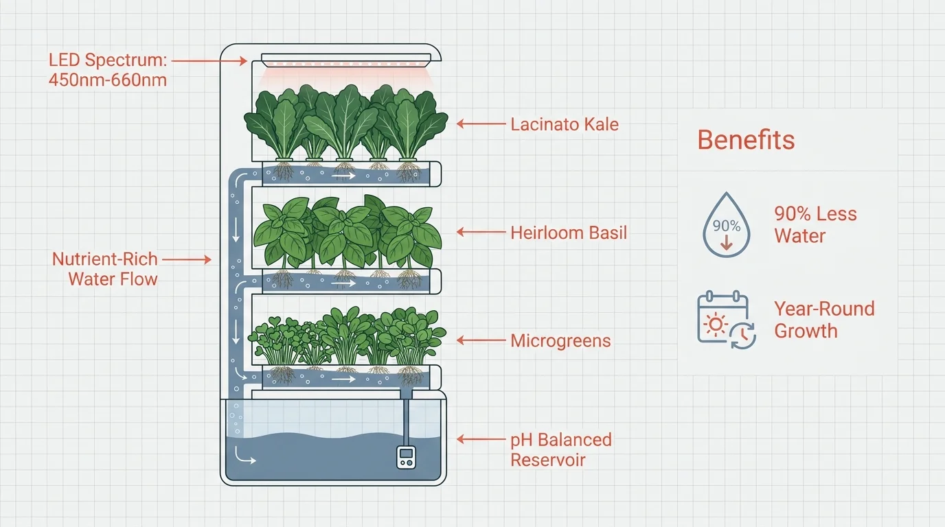 A clean infographic diagram of an indoor hydroponic garden tower with labels for lights, nutrients, and plant types.