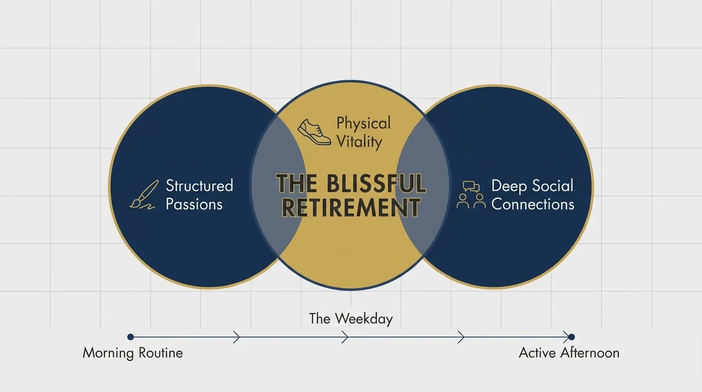 A clean infographic diagram showing how passions, vitality, and connections overlap to create a blissful retirement.