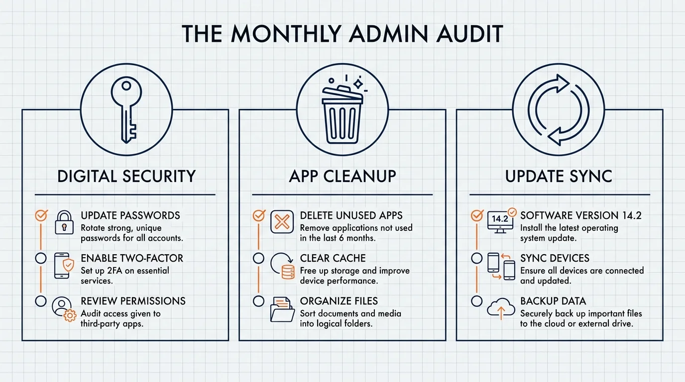A clean infographic titled 'The Monthly Admin Audit' with icons for passwords, apps, and updates.