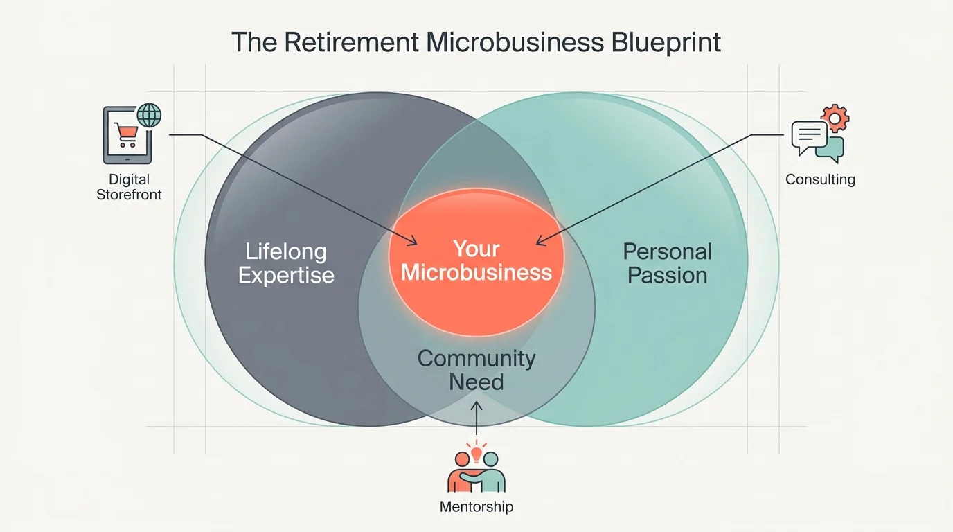 A clean Venn diagram showing the intersection of expertise, passion, and community need to form a microbusiness.