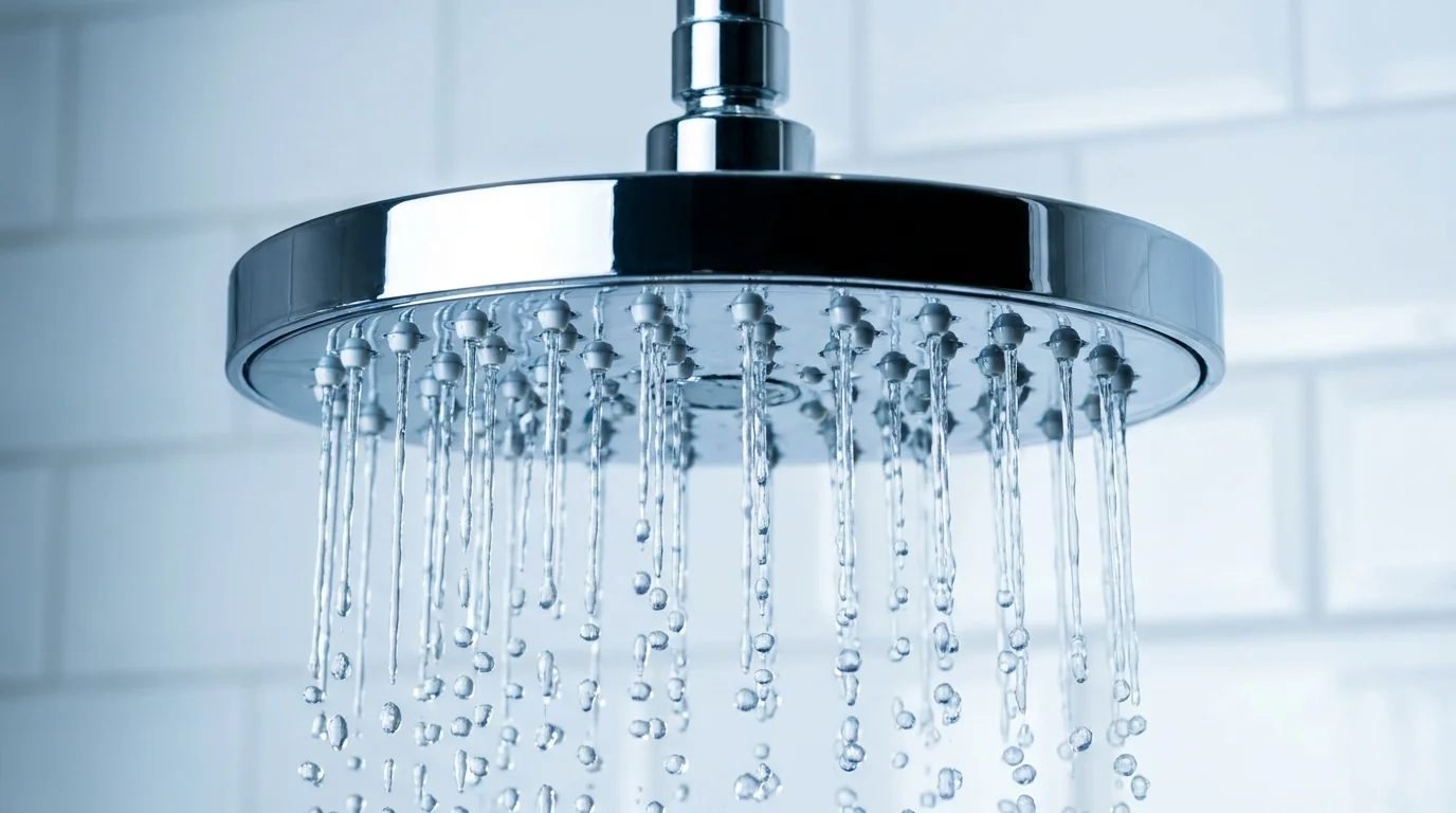 A close-up of a chrome rainfall showerhead with clear water droplets falling, suggesting a high-end hotel experience.
