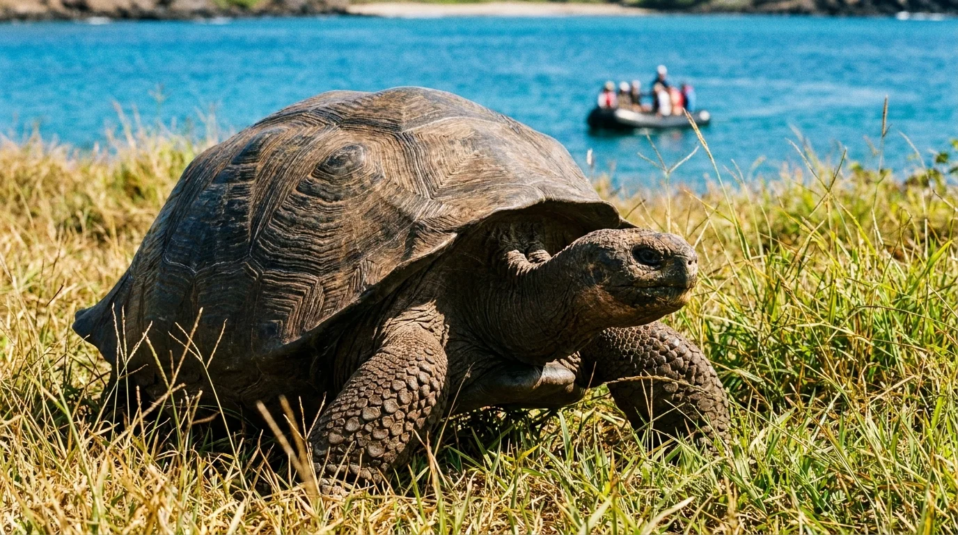 A close-up of a giant tortoise in the Galápagos with a small boat in the background.