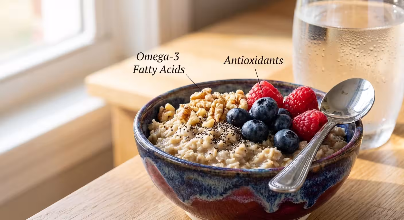 A close-up of a healthy breakfast bowl with oats, berries, and walnuts, labeled for its nutritional benefits.