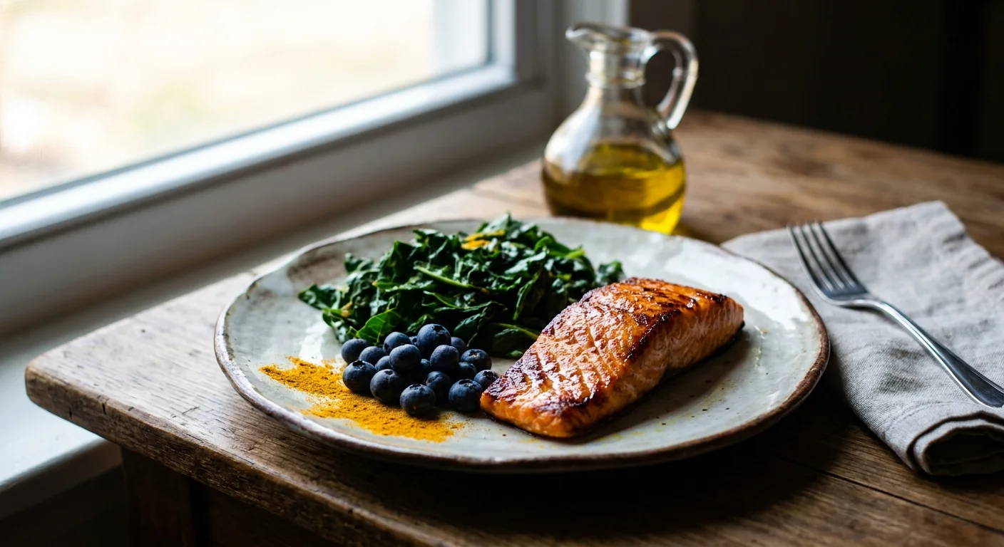 A close-up of a healthy Mediterranean meal with salmon, greens, and berries on a wooden table.