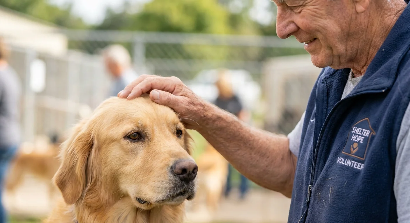 A close-up of a senior man volunteering at an animal shelter, gently petting a golden retriever.