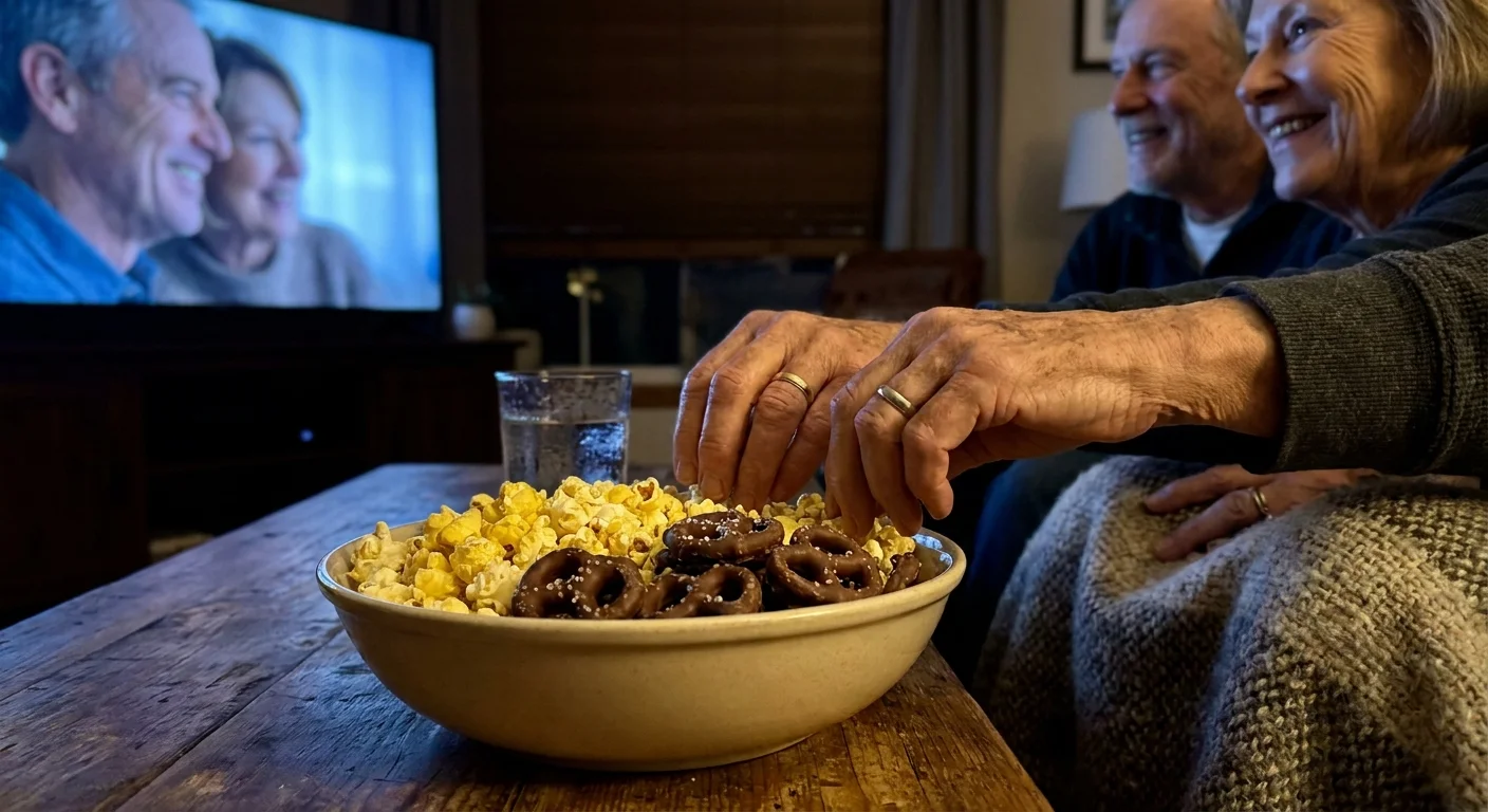 A close-up of two seniors' hands reaching into a bowl of snacks in a room lit by the glow of a television.