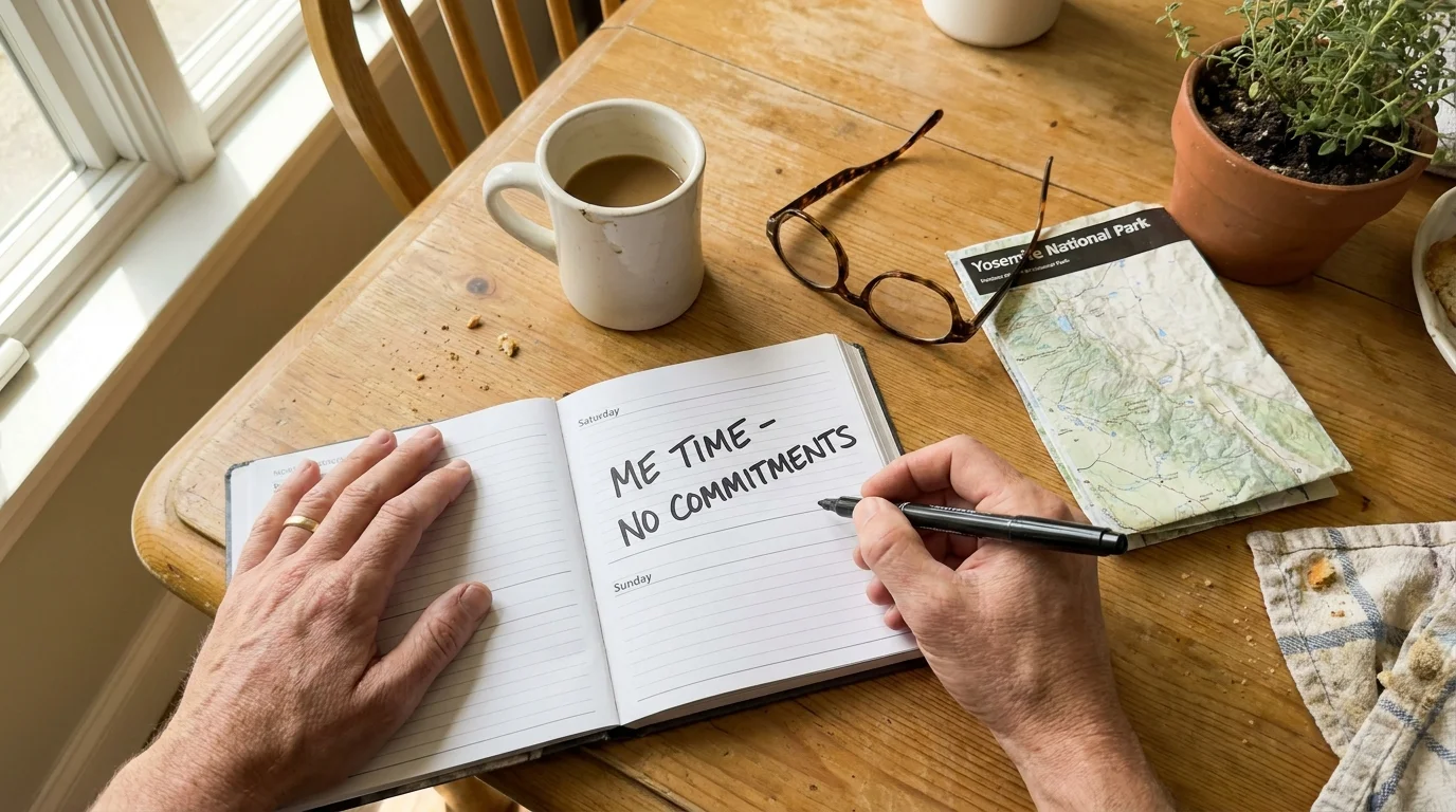A close-up photo of a hand writing 'Me Time' in a planner next to a coffee mug and a travel map on a wooden table.