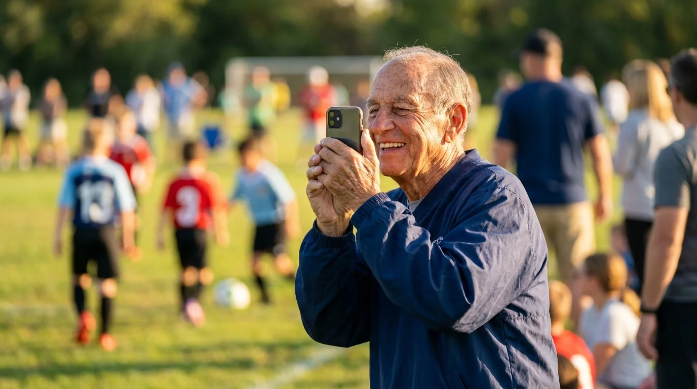 A close-up photo of a proud grandfather smiling and recording his grandchild's soccer game on his phone.