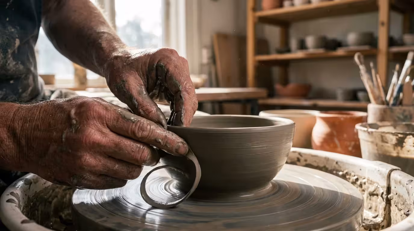 A close-up photo of a senior's clay-covered hands shaping a bowl on a pottery wheel in a sunlit studio.