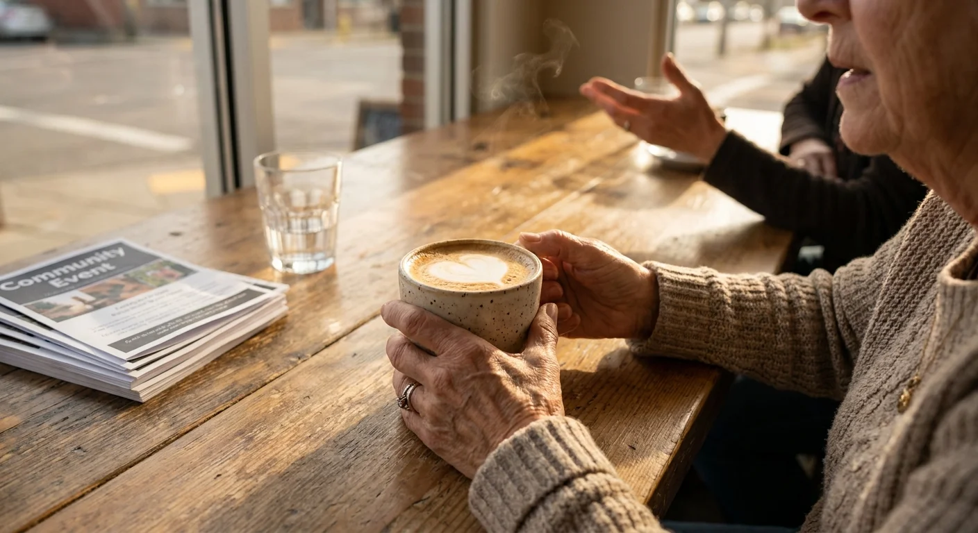 A close-up photo of a senior's hands holding a coffee cup at a wooden cafe table during a conversation.