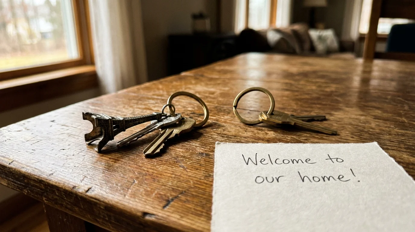 A close-up photo of house keys and a 'Welcome' note on a wooden table, representing a home exchange.
