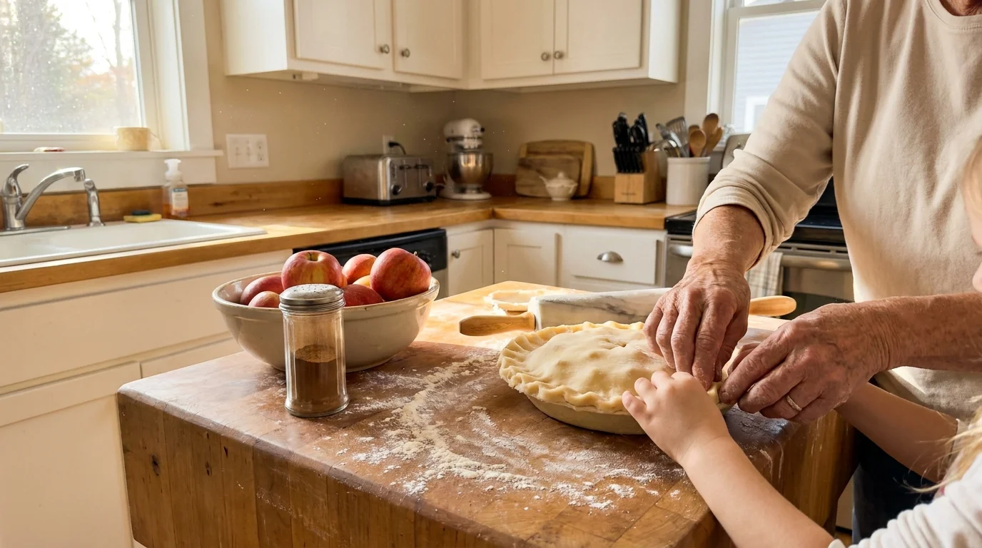 A close-up photograph of a grandmother's and grandchild's hands working together to shape an apple pie crust on a floured kitchen counter.