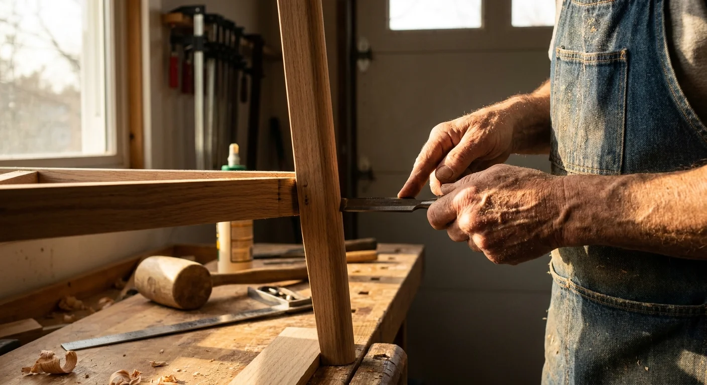 A close-up photograph of a retiree's hands working with a chisel on a wooden furniture project in a sunlit home workshop.