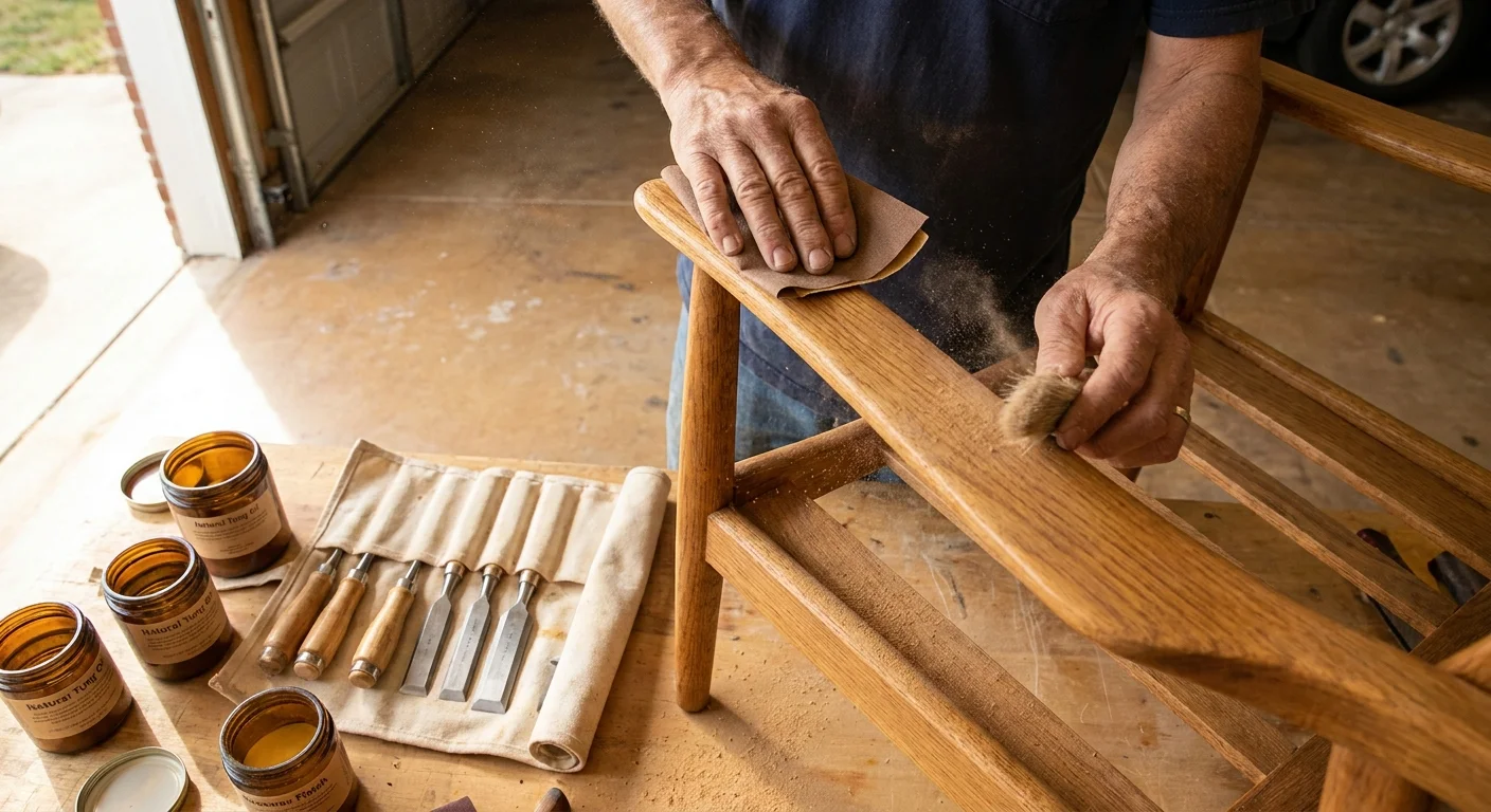 A close-up shot of a retiree's hands sanding a vintage wooden chair as part of an eco-friendly restoration project.