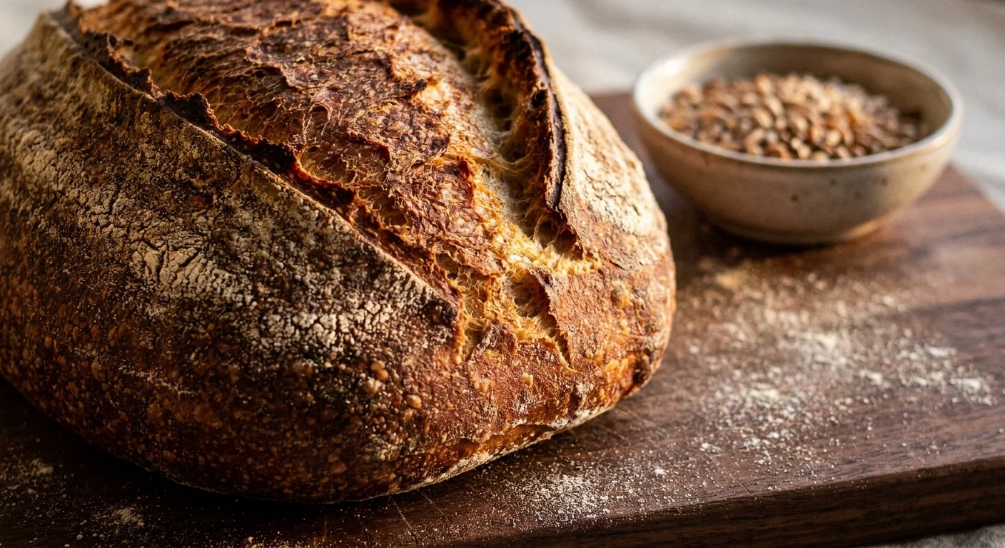 A close-up shot of a rustic loaf of sourdough bread made with ancient grains on a floured wooden board.