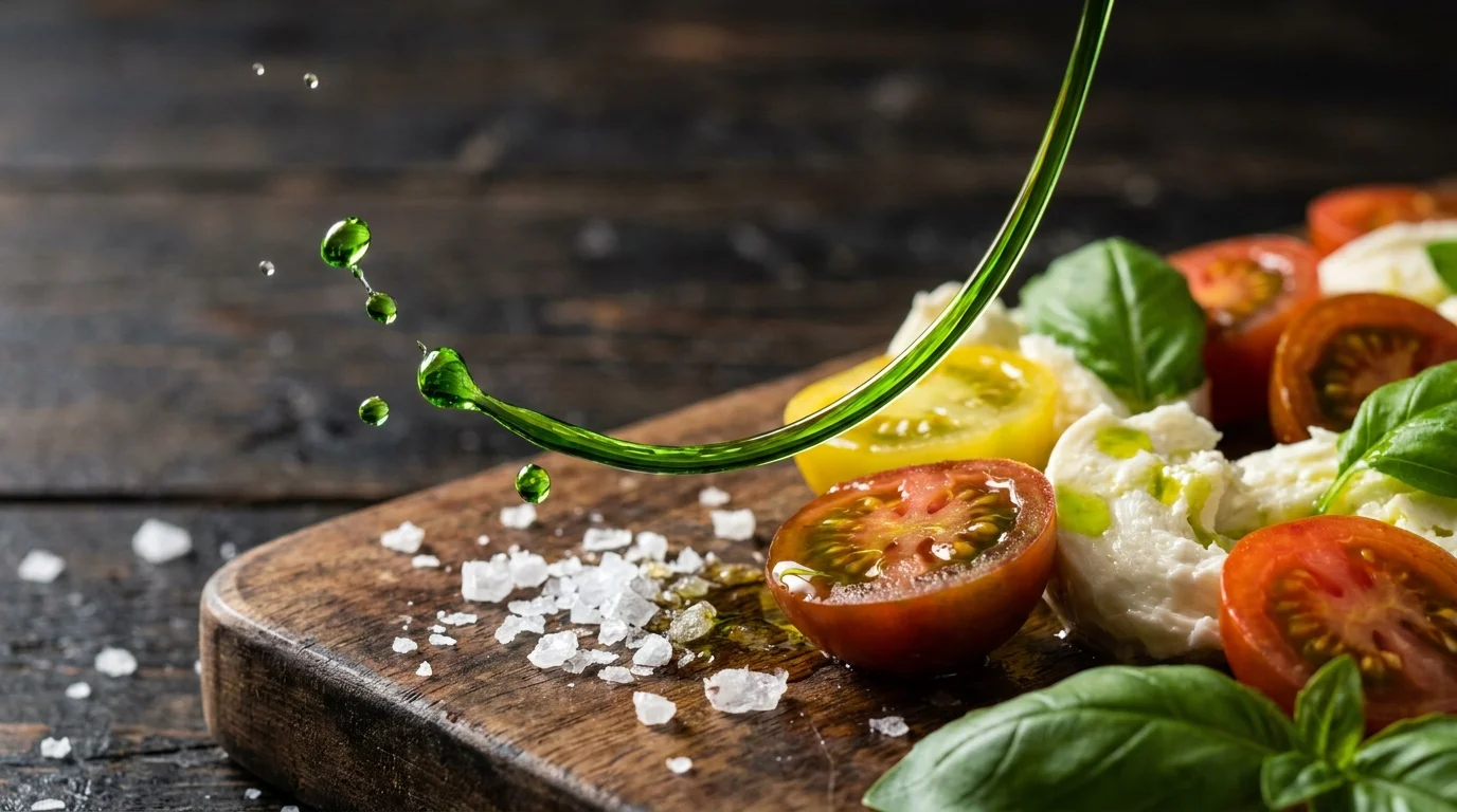 A close-up shot of olive oil being drizzled onto a salad, with visible flakes of sea salt.