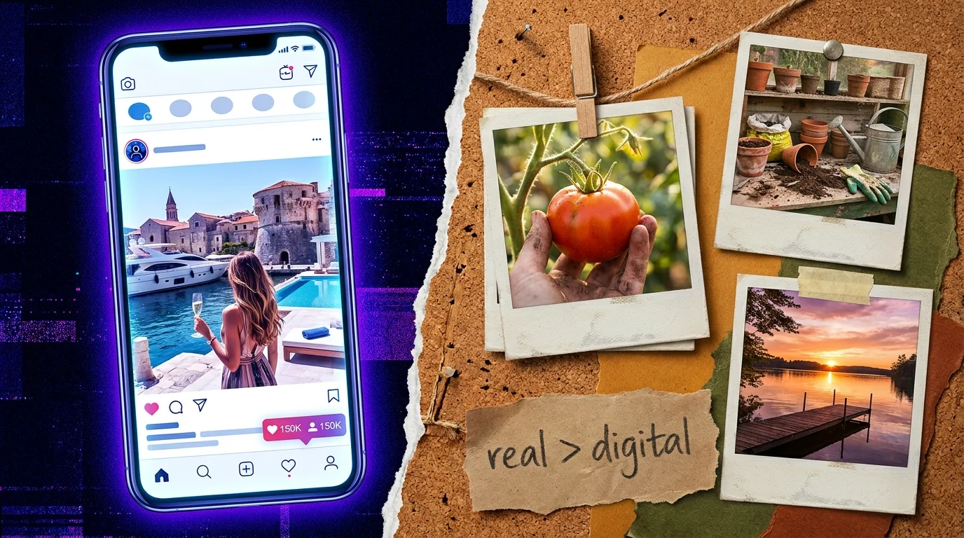 A collage comparing a glowing blue smartphone screen to a warm corkboard with real polaroid photos of gardening and sunsets.
