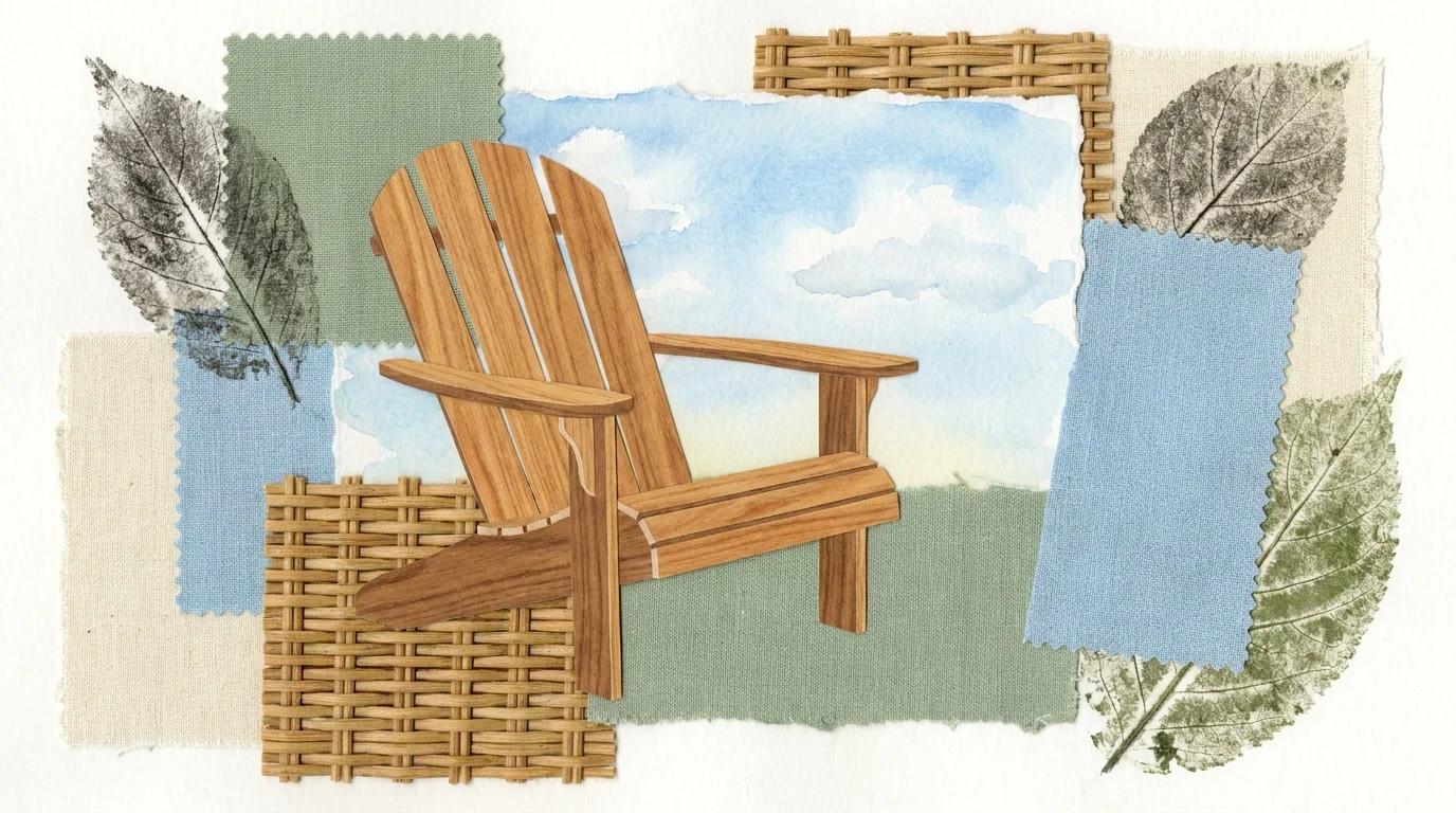 A collage featuring a stylized Adirondack chair and textures of wicker and fabric, evoking outdoor comfort.